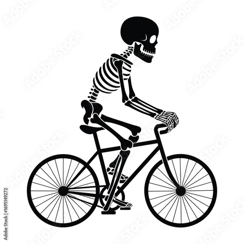 A skeleton riding a bicycle the skeleton is depicted in a cartoonish style, with exaggerated features and a dynamic pose, conveying a sense of movement