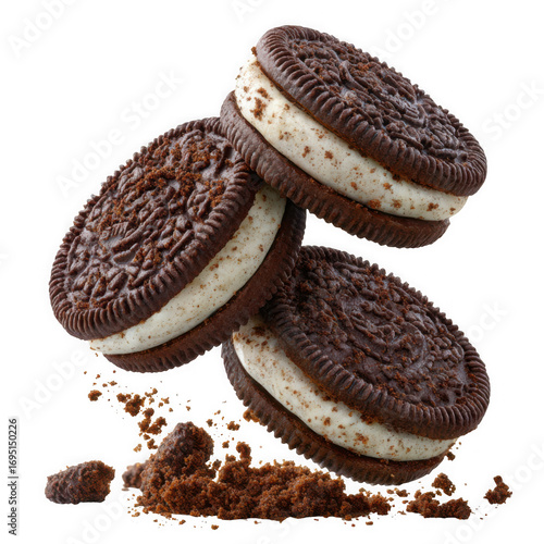 Four oreo cookies frozen in mid-air mid-spin with crumbs splattered around for a dynamic food photography effect illustration