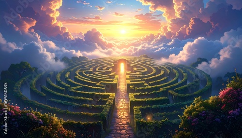 A vibrant, stylized maze leading to a luminous sunrise
