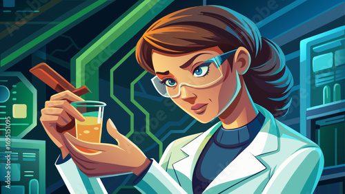 Close-up portrait of female scientist checking sample vial. Isolated background reflects intelligence, progress, and modern science.