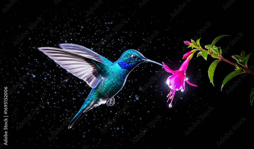 Fototapeta premium hummingbird and flower in abstract black background