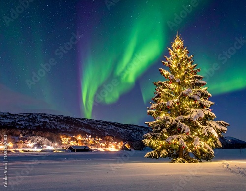 Glowing Christmas tree in snowy meadow with illuminated village under northern lights night sky.