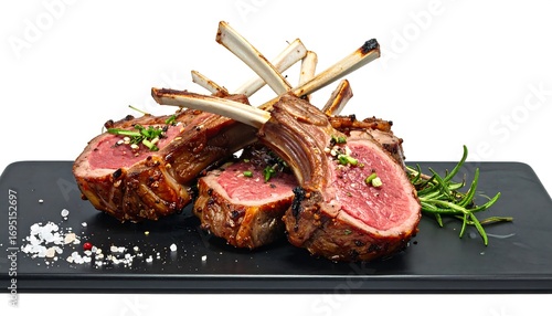 Deliciously browned rack of lamb chops, expertly cooked and presented on a dark slate platter, garnished with fresh rosemary, with a perfect blend of textures and colors.