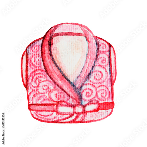 This artwork features a vibrant red kimono adorned with intricate swirling patterns, symbolizing cultural heritage and craftsmanship. It showcases the beauty of traditional attire.