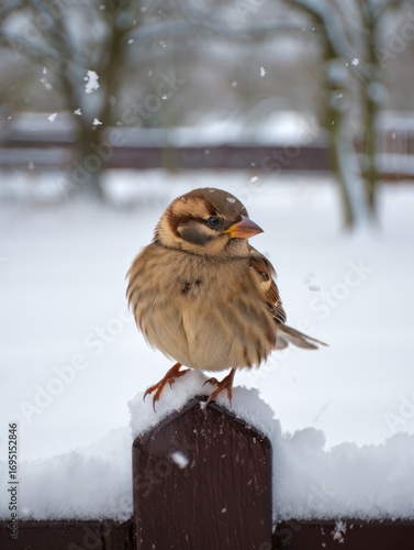 A small sparrow stands on a snow-blanketed fence post amidst falling snowflakes in a quiet suburban garden during winter season. The chilly atmosphere enhances the serene setting