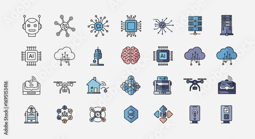 Explore cutting-edge AI technology and future innovation with these modern icons featuring robots brains chips and drones, Generative AI.