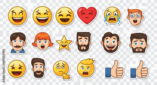 Expressive emoji stickers and cartoon faces conveying joy sadness and surprise for dynamic digital communication and design projects, Generative AI.