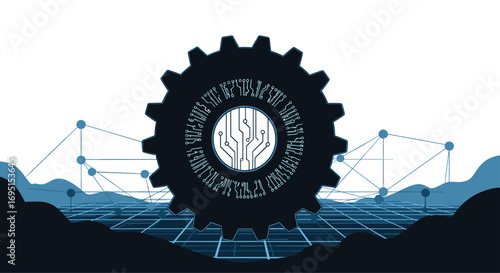 Dynamic digital gear with circuit board core symbolizes innovation technology and future business growth in a connected world, Generative AI.