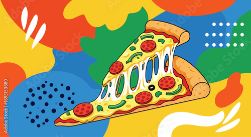 Irresistibly cheesy pepperoni pizza slice with vibrant abstract background perfect for food branding and marketing, Generative AI.