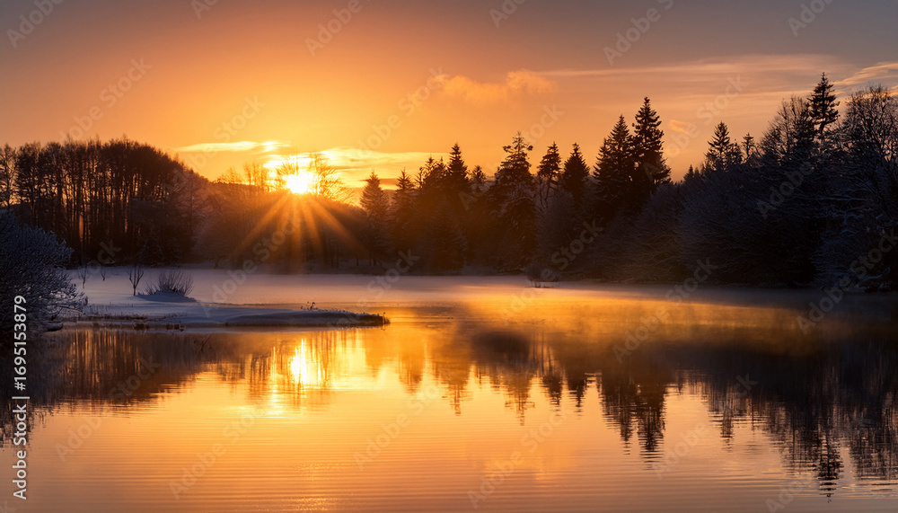Obraz premium New Year S Sunrise Over Tranquil Landscape And Reflective Lake