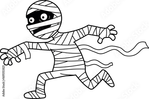 Mummy in Action: A comical mummy dashes forward, eyes wide with cartoon excitement, suggesting a playful, lighthearted take on the traditional Halloween icon.