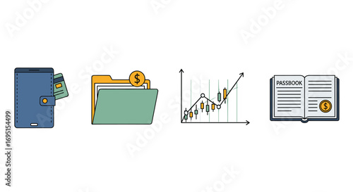 Smart financial planning icons showing mobile wallet document folder with money stock chart growth and passbook with coin for successful business strategy, Generative AI.