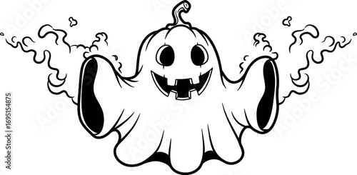 Spooky Ghost with Pumpkin Head: A whimsical black and white illustration of a ghost with a pumpkin head, exuding a spectral charm. It's the perfect piece for Halloween decor.