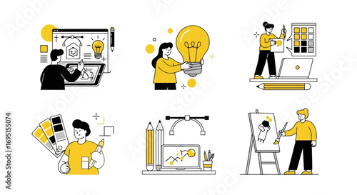 Creative process illustration set showcasing digital design, idea generation, and artistic expression for graphic design and marketing content