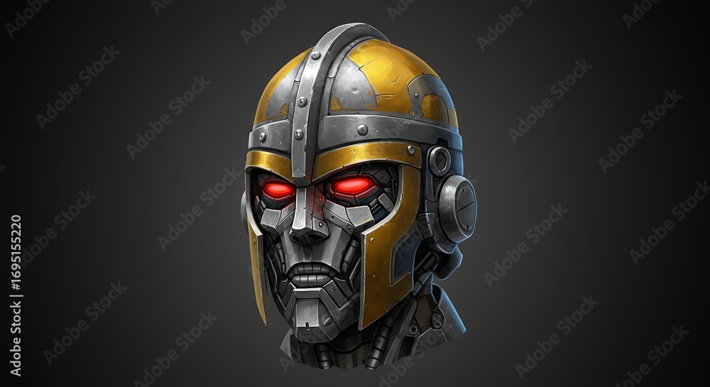 Fototapeta premium Futuristic robot head with metallic armor and glowing eyes against dark backdrop