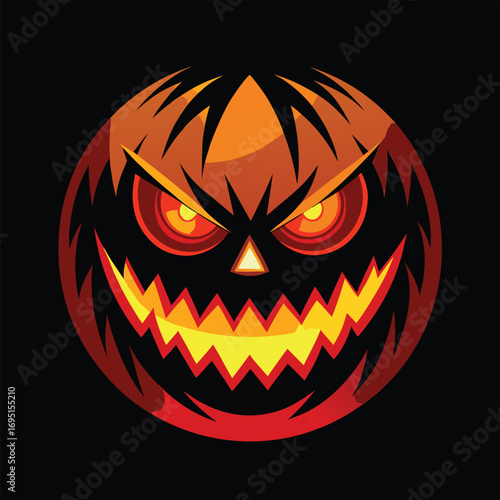 Intense Halloween Pumpkin Face with Menacing Gaze and Sharp Teeth on Dark Background