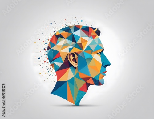 Abstract geometric head profile, composed of colorful triangles and polygons, with a dissolving, particle effect.