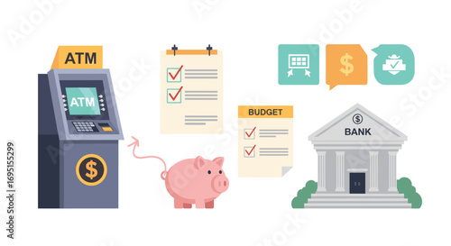 Visualize financial planning success with ATM piggy bank budget checklist and bank icons for modern business concepts, Generative AI.