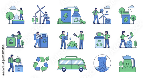 Illustration set depicting eco-friendly practices and sustainable living, suitable for environmental awareness campaigns, educational materials, or promoting green initiatives.