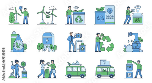 Collection of flat vector illustrations depicting environmental conservation, renewable energy, and sustainable practices for educational and promotional materials.