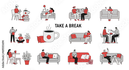 Diverse collection of people taking a break in various settings, showcasing relaxation and leisure. Ideal for illustrations on well-being, mental health, or work-life balance.