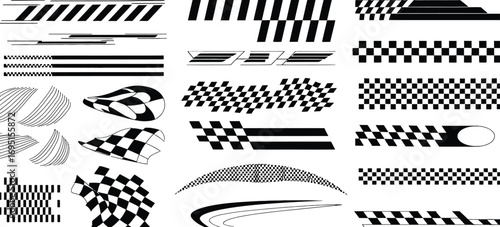 Dynamic black and white vector graphics set. Bold checkerboard patterns, sleek racing stripes, and abstract decorative elements, ideal for automotive, sports, and modern design