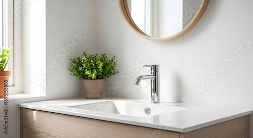 Modern bathroom sink with faucet mirror and green plant creating a fresh ambiance