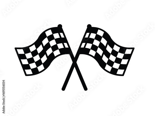 A black and white illustration of two crossed checkered racing flags waving, symbolizing the finish line, victory, and the end of a competition