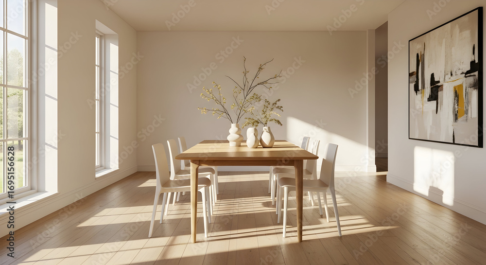 Fototapeta premium Modern Dining Space with Natural Light and Elegant Artwork on the Wall