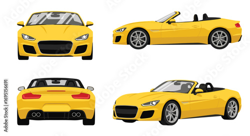 Set of vector illustrations showing a luxury convertible sports car from multiple angles, highlighting sleek design, performance style, automotive branding, modern travel, and premium transportation