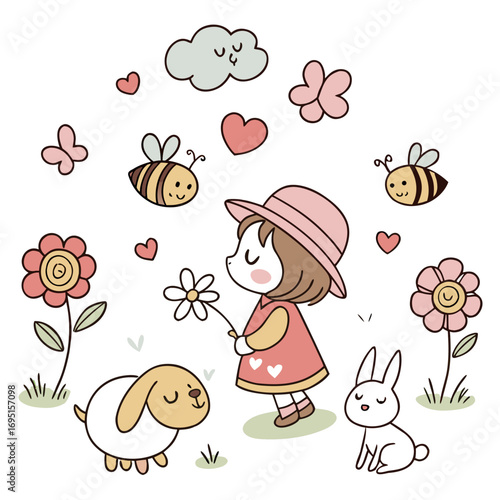 Cute Little Girl Doodle Drawings: Puppy, fish, flowers, sheep, bee, butterfly, bird, kitty, bunny, heart, and a little girl.