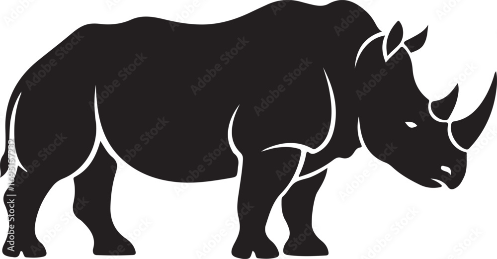 Obraz premium Powerful black rhinoceros isolated against a white background showcasing its strength and wild nature a symbol of conservation efforts for endangered species worldwide