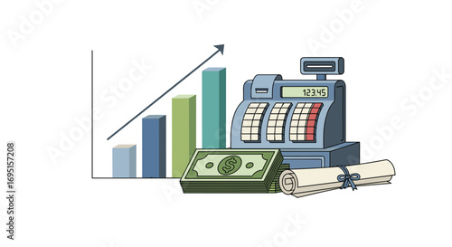 Drive financial growth and success with a vintage cash register rising bar chart and money stack symbolizing business prosperity and achievement, Generative AI.