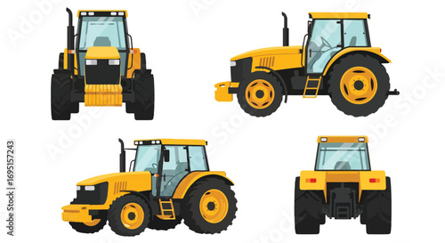 Set of vector illustrations showing a tractor from multiple angles, highlighting powerful agricultural machinery, heavy-duty design, and farming equipment concept for agriculture, industry, and market