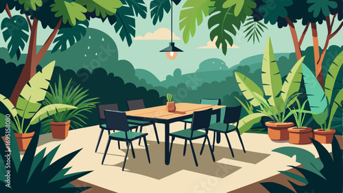 An outdoor dining area with a large wooden table and modern black chairs surrounded by lush tropical plants and tree ferns.