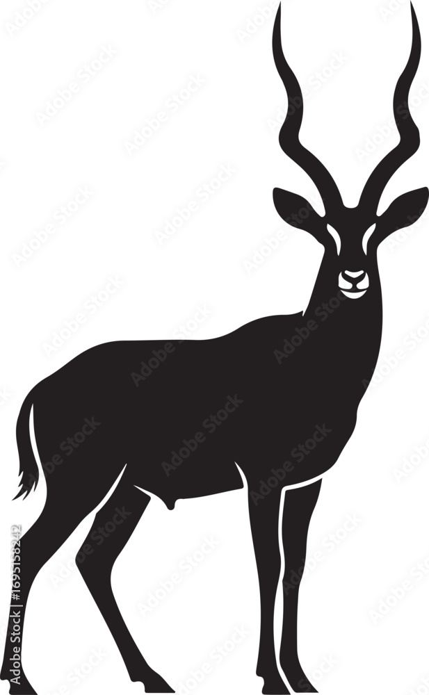 Obraz premium Elegant silhouette of a male Kudu antelope with impressive spiral horns standing tall and proud against a clean white background representing African wildlife and natural beauty