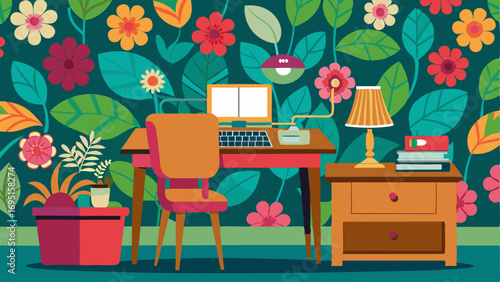 A home office with a vibrant floral print wallpaper a teak desk and chair and a typewriter on display.