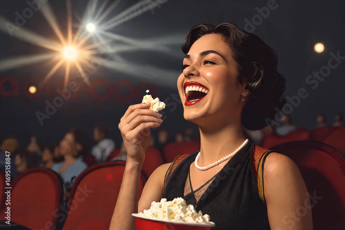 woman at movie theater laughing and eating popcorn
