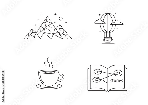 Minimalist line art icons depicting mountains, hot air balloon, coffee cup, and open book with connected nodes.
