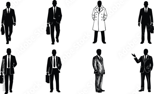 Businessman silhouette set, suit and tie, briefcase, trench coat, corporate pose, walking, standing, black vector, professional illustration, office design