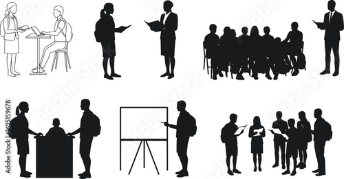 Classroom silhouette set, teacher and student, reading, presentation, discussion, group learning, black vector, education scene, school activity, teaching illustration, study design
