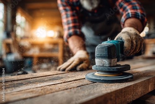 Wallpaper Mural A skilled carpenter sanding a wooden plank with a power sander, wearing gloves and working in a workshop with sunlight streaming in, focus on the tool. Torontodigital.ca