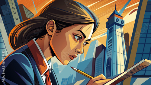 Close-up portrait of female architect sketching with pencil. Isolated background emphasizes design, focus, and innovation.