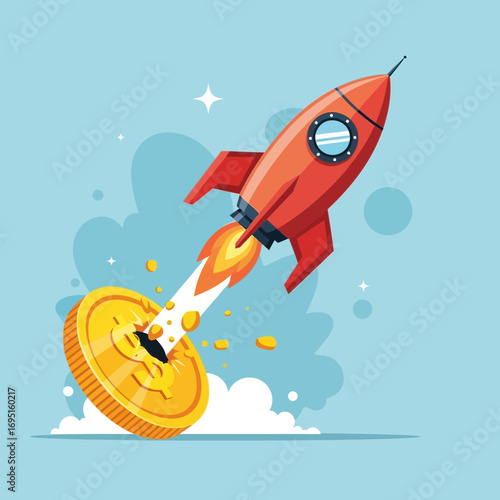 Rocket launching from a gold coin against a blue sky.
