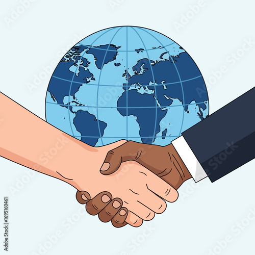 Two hands shaking in front of a globe.