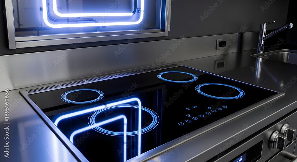 Fototapeta premium Modern Kitchen Cooktop Illuminated With Glowing Rings And Futuristic Lines