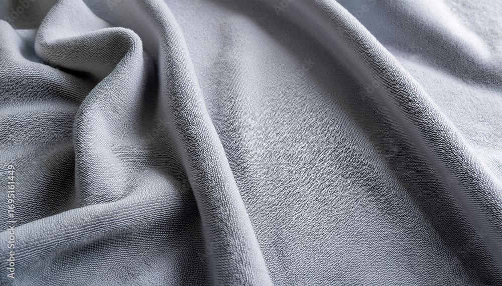 Fototapeta premium Closeup Of Light Gray Fleece Fabric With Soft Matte Texture In Daylight For Textile Design Background Or Cozy Winter Product Mockup