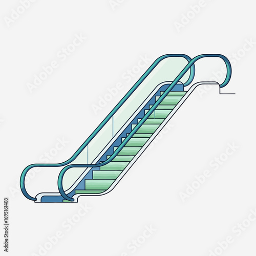 A modern escalator with blue and green accents on a white background.