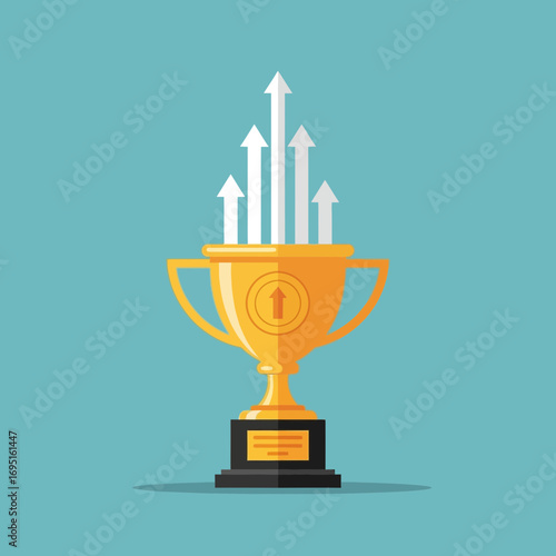 Golden trophy with upward arrows symbolizing success and growth.