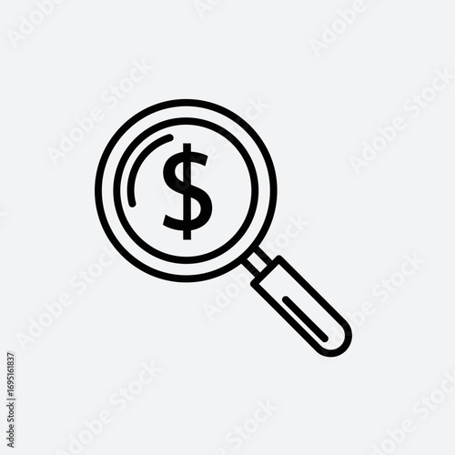 Magnifying glass over dollar sign symbol.